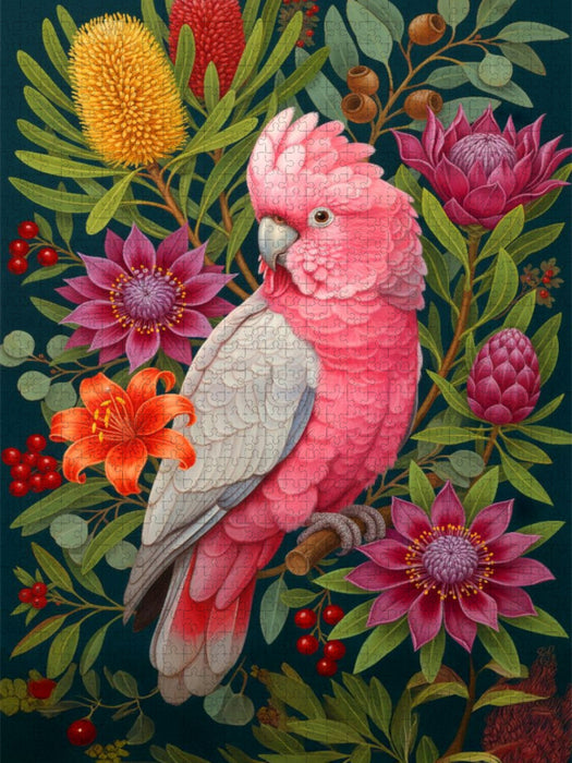 Rosa Kakadu zwischen bunten Blüten - CALVENDO Foto-Puzzle'
