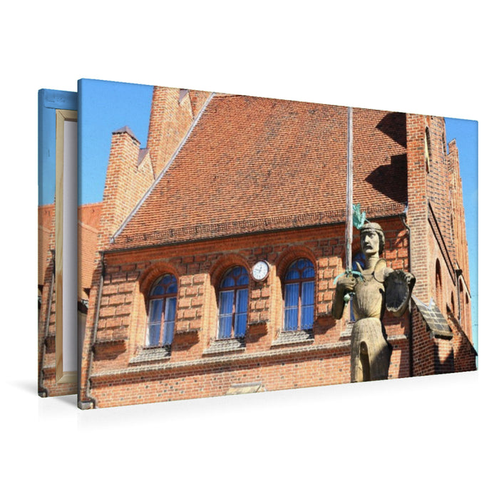 Premium Textil-Leinwand Stendal, Roland vor der Gerichtslaube des Rathauses