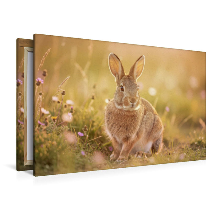 Premium Textil-Leinwand So süß wie der Frühling selbst: Feldhasen in Pastell.