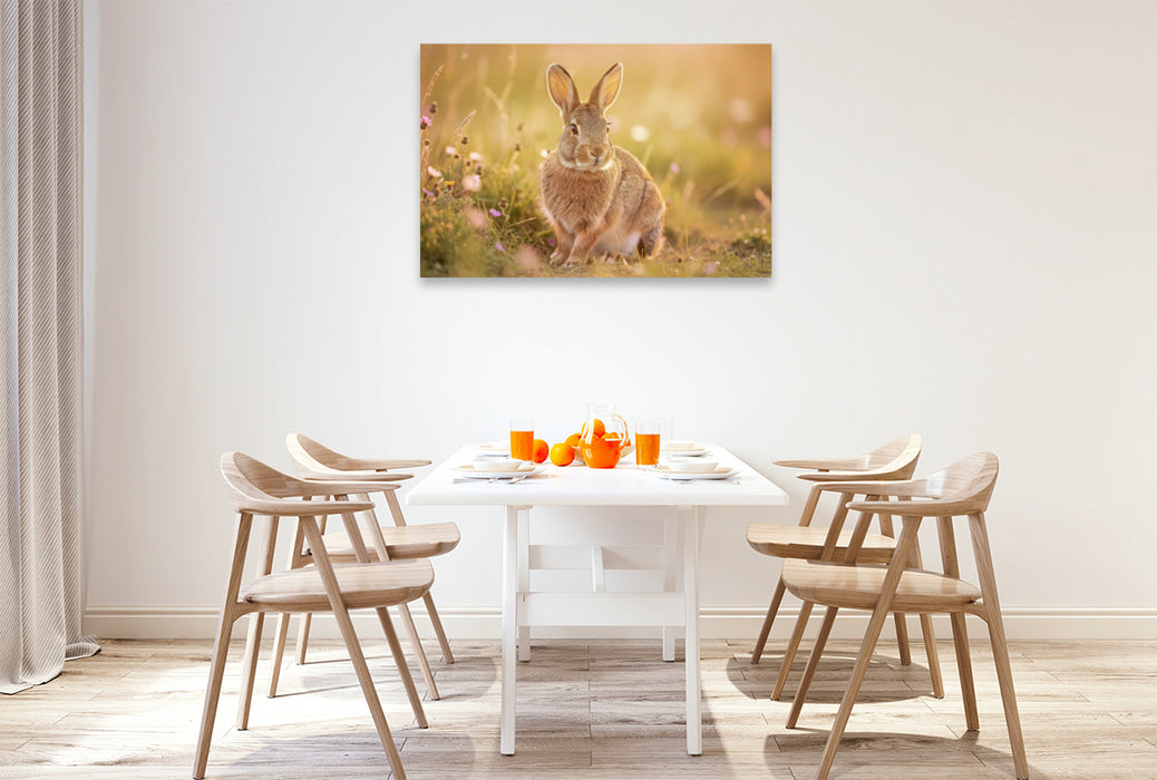 Premium Textil-Leinwand So süß wie der Frühling selbst: Feldhasen in Pastell.