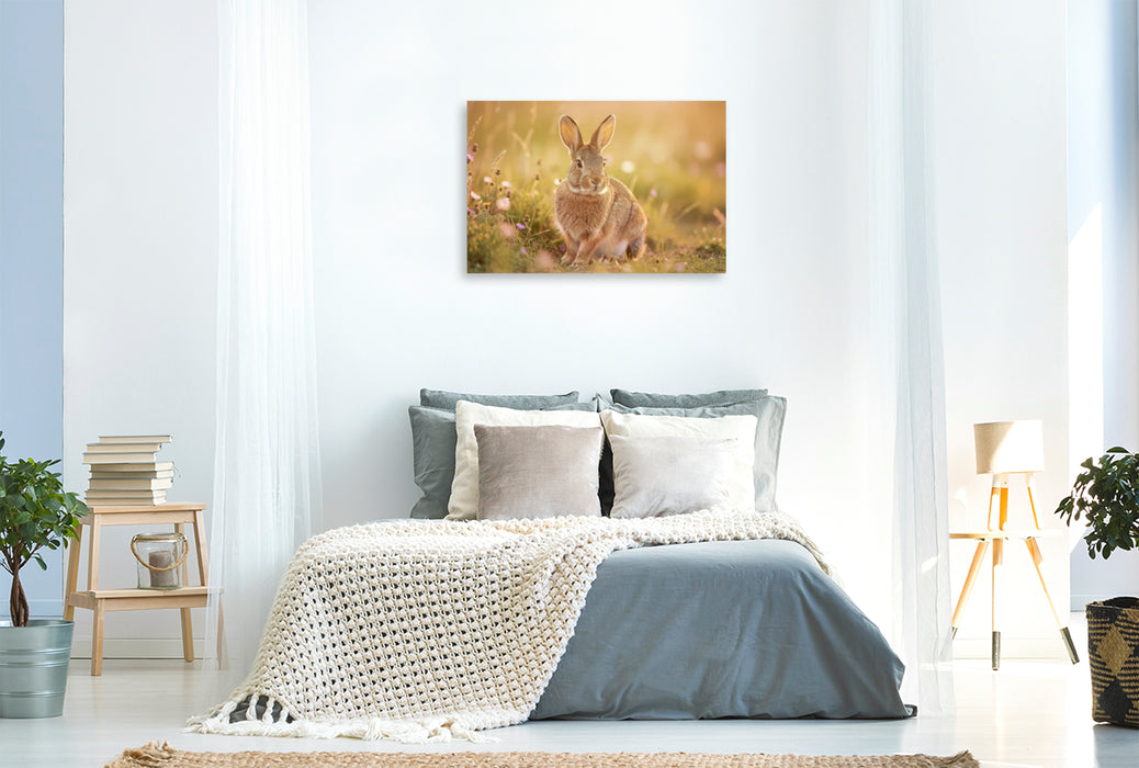 Premium Textil-Leinwand So süß wie der Frühling selbst: Feldhasen in Pastell.