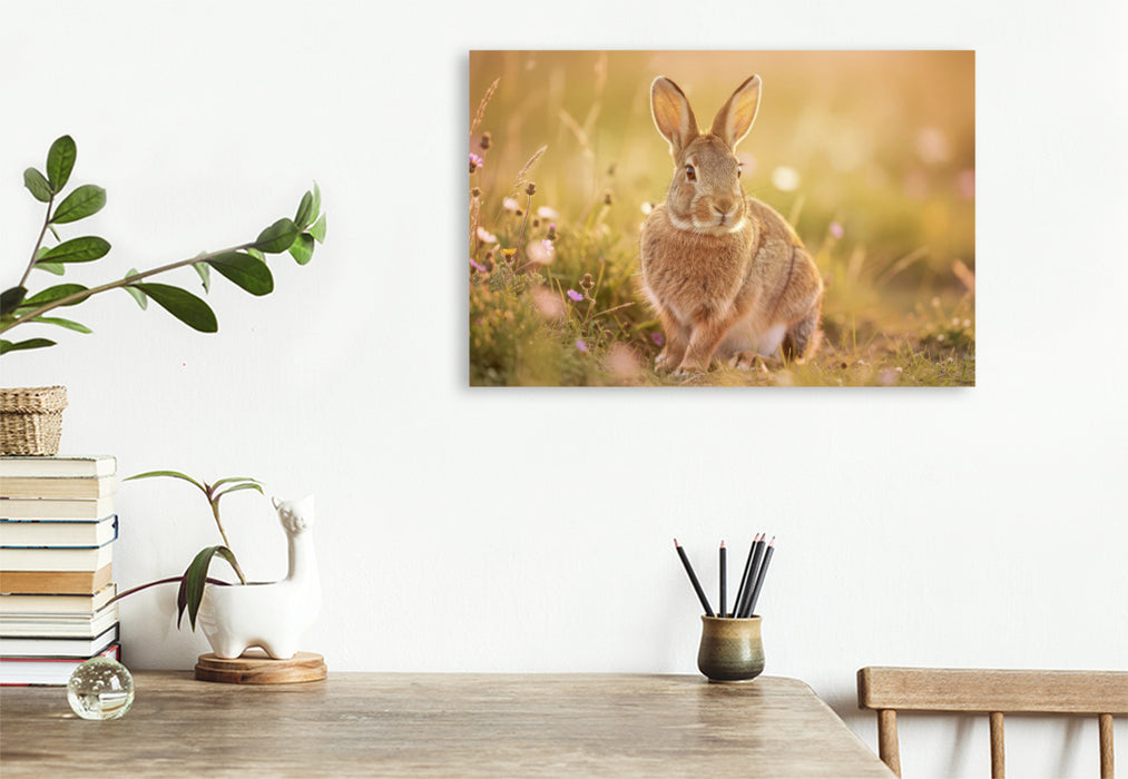 Premium Textil-Leinwand So süß wie der Frühling selbst: Feldhasen in Pastell.