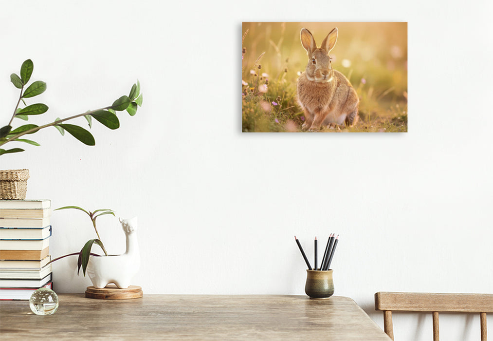 Premium Textil-Leinwand So süß wie der Frühling selbst: Feldhasen in Pastell.