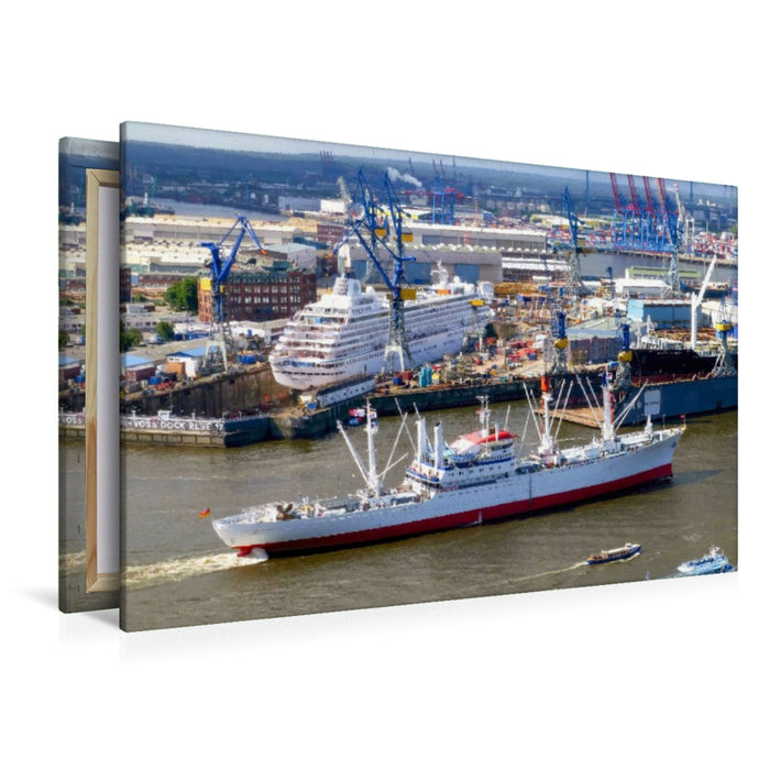Premium Textil-Leinwand Hamburger Hafen Panorama mit Blick auf eine Werft