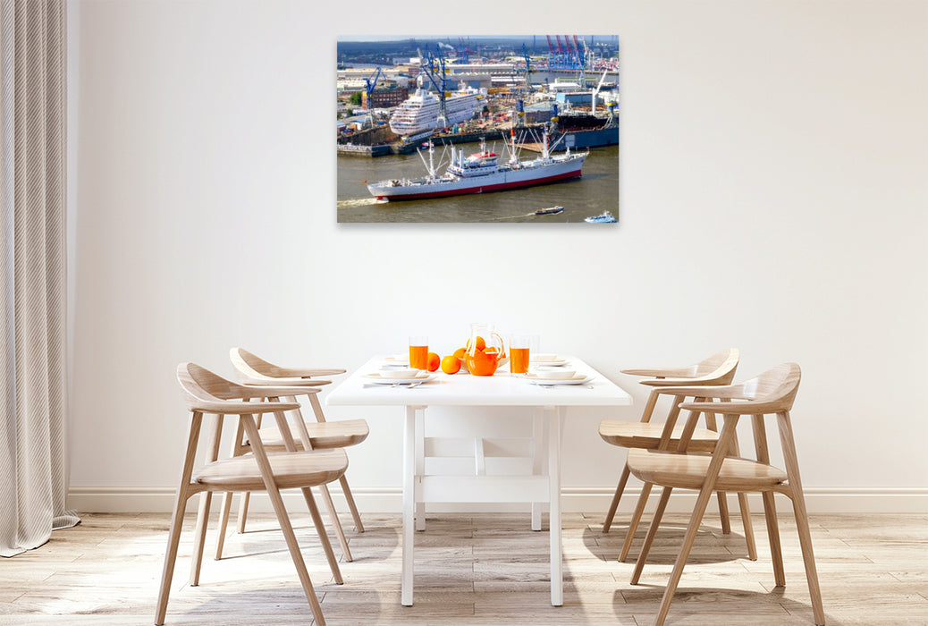 Premium Textil-Leinwand Hamburger Hafen Panorama mit Blick auf eine Werft