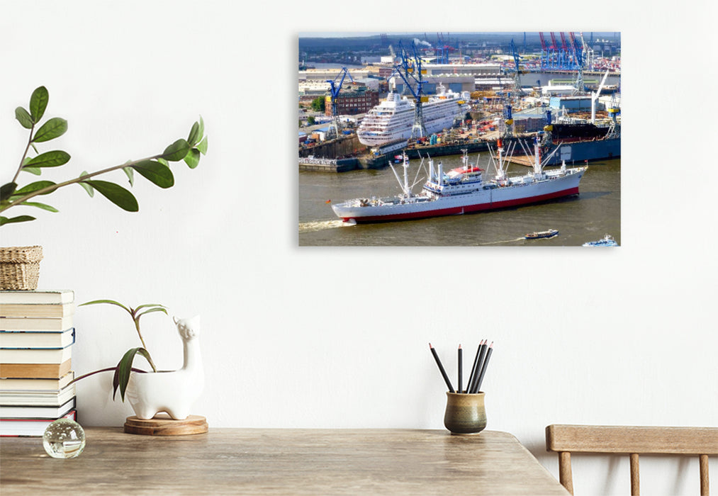 Premium Textil-Leinwand Hamburger Hafen Panorama mit Blick auf eine Werft
