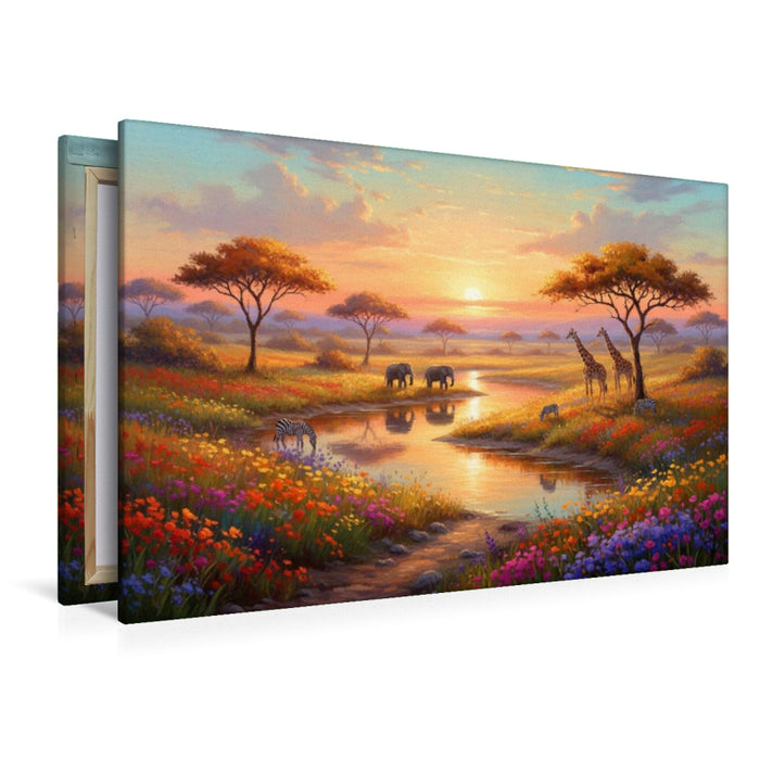 Premium Textil-Leinwand Afrikanischer Sonnenuntergang mit Elefanten und Giraffen