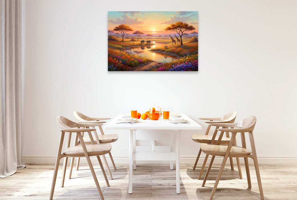 Premium Textil-Leinwand Afrikanischer Sonnenuntergang mit Elefanten und Giraffen