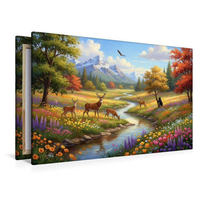 Premium Textil-Leinwand Kanadische Horizonte mit Hirschen und Bär