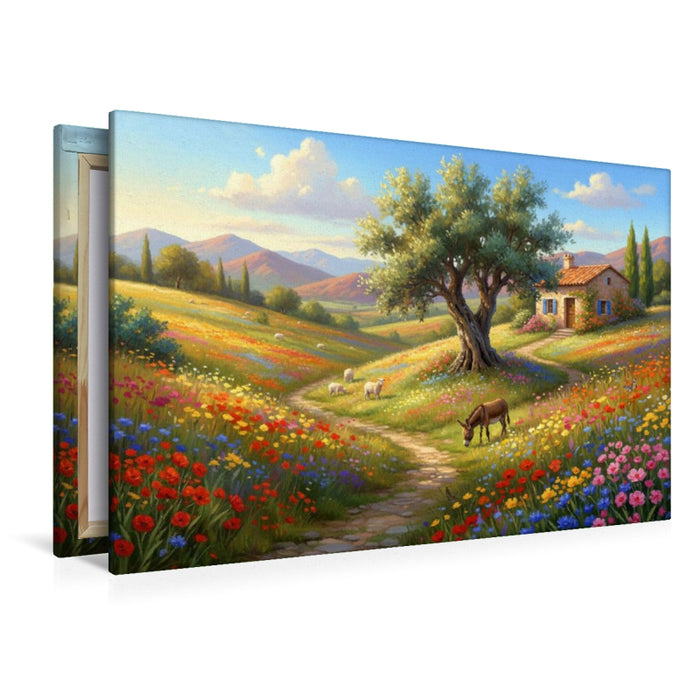 Premium Textil-Leinwand Mediterrane Blütenpracht mit Olivenbaum und Esel