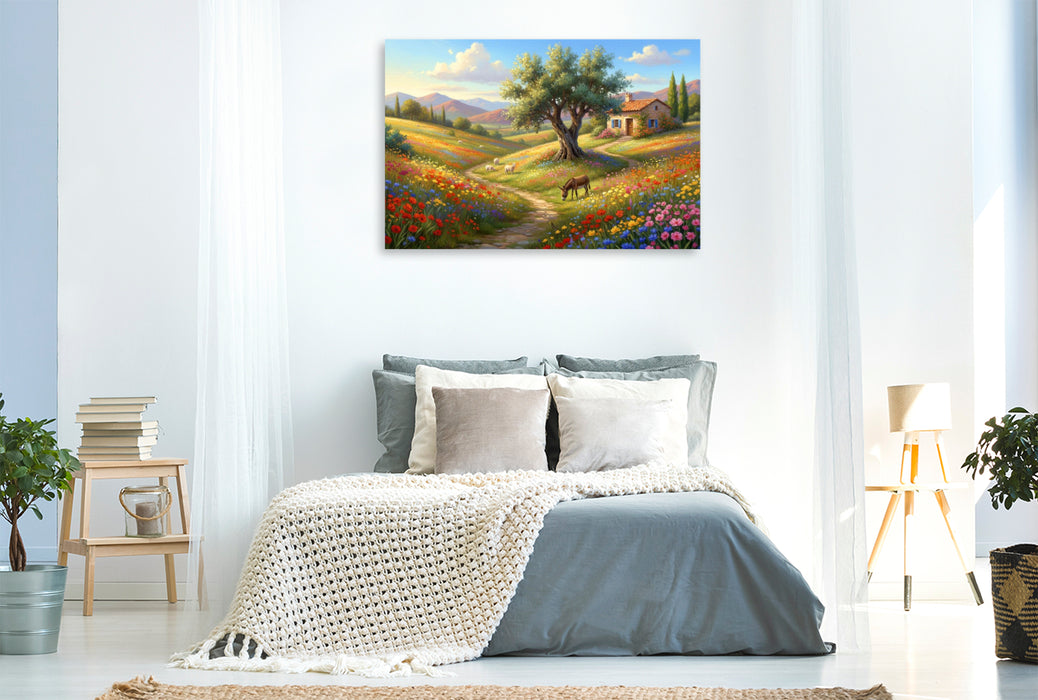 Premium Textil-Leinwand Mediterrane Blütenpracht mit Olivenbaum und Esel