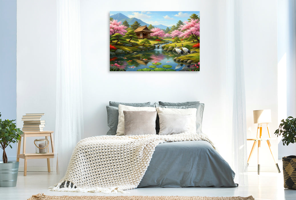Premium Textil-Leinwand Japanische Stille mit Kranichen und Kirschbäumen