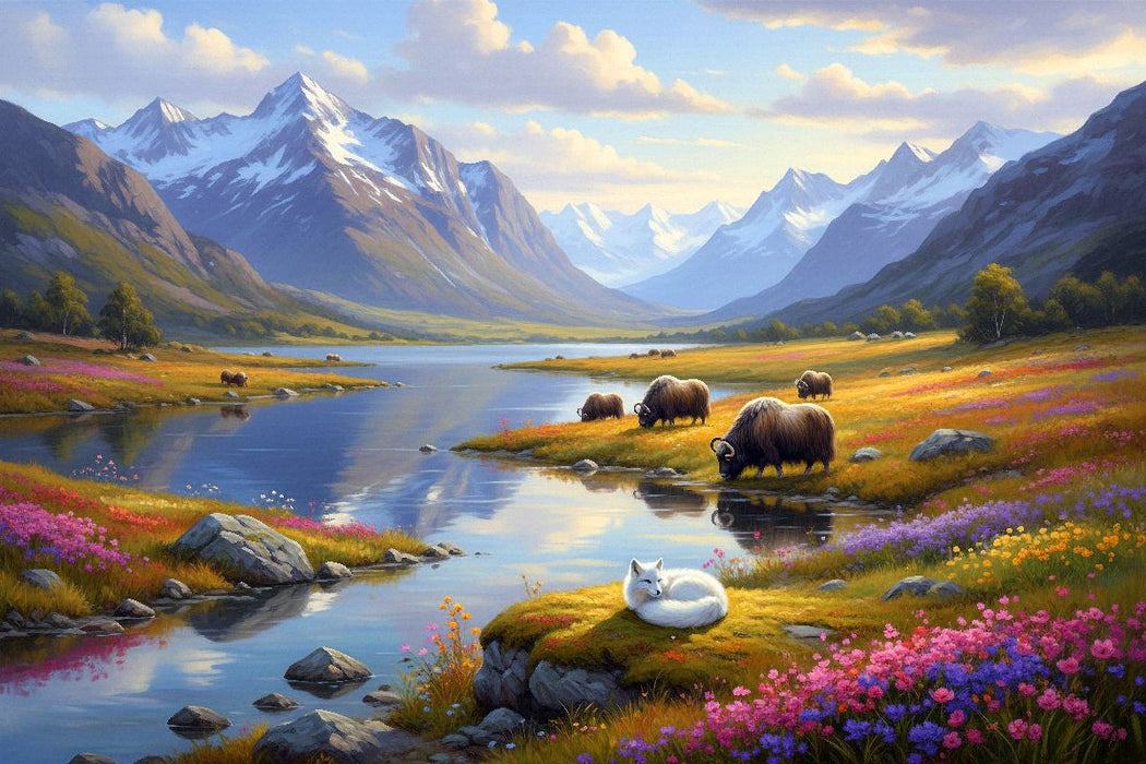 Premium Textil-Leinwand Himalaya Gebirge mit Yak und Fuchs