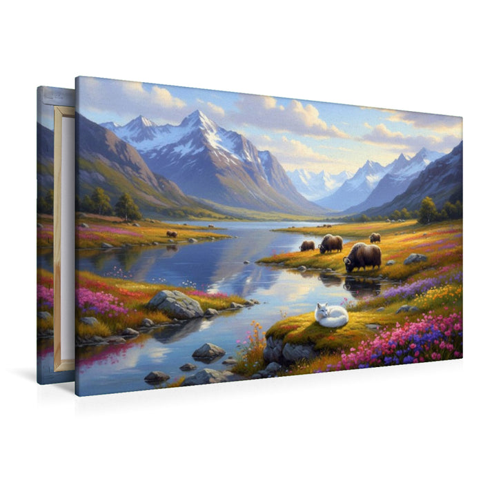 Premium Textil-Leinwand Himalaya Gebirge mit Yak und Fuchs
