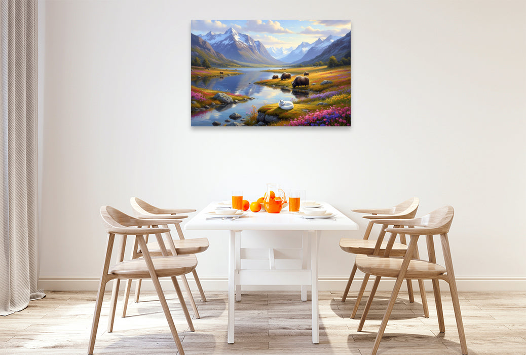 Premium Textil-Leinwand Himalaya Gebirge mit Yak und Fuchs