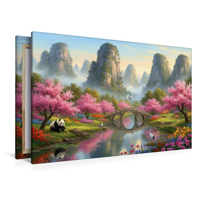 Premium Textil-Leinwand Chinesische Nebelberge mit Panda und Kranichen