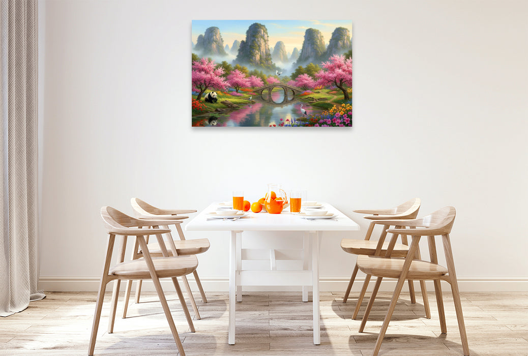 Premium Textil-Leinwand Chinesische Nebelberge mit Panda und Kranichen