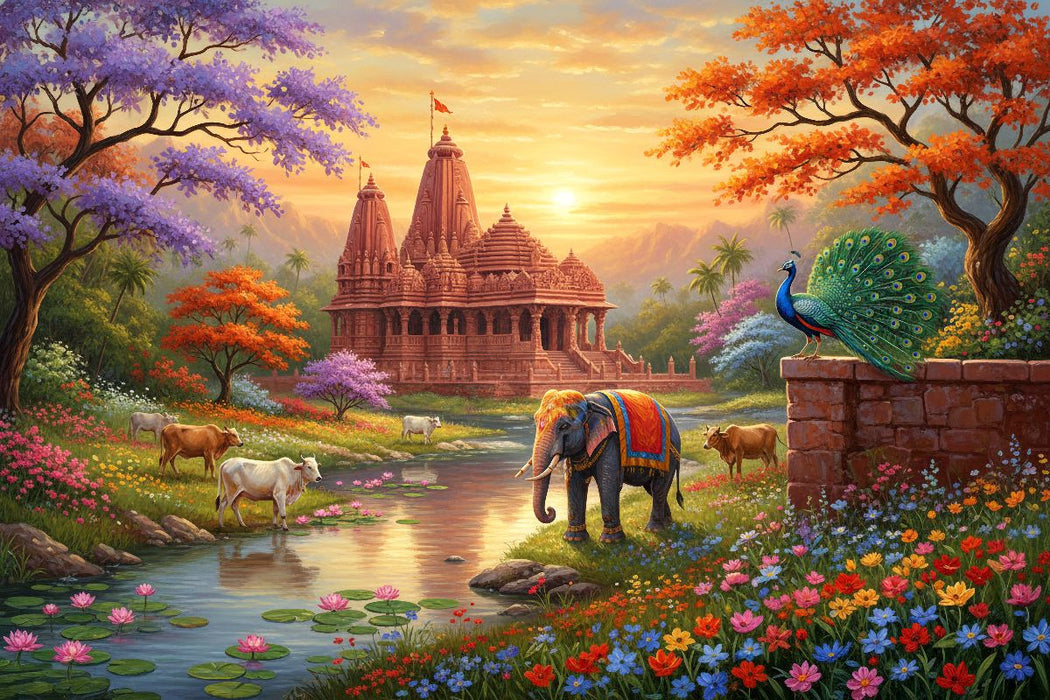 Premium Textil-Leinwand Indische Tempellandschaft mit Elefant und Kühen