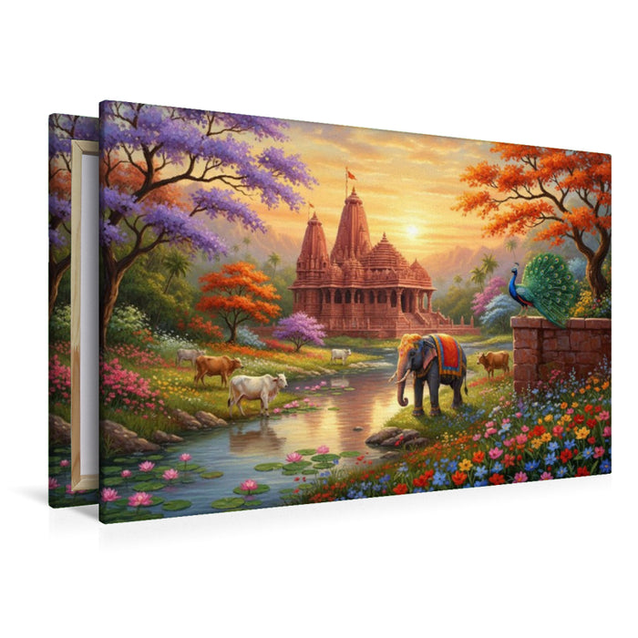Premium Textil-Leinwand Indische Tempellandschaft mit Elefant und Kühen