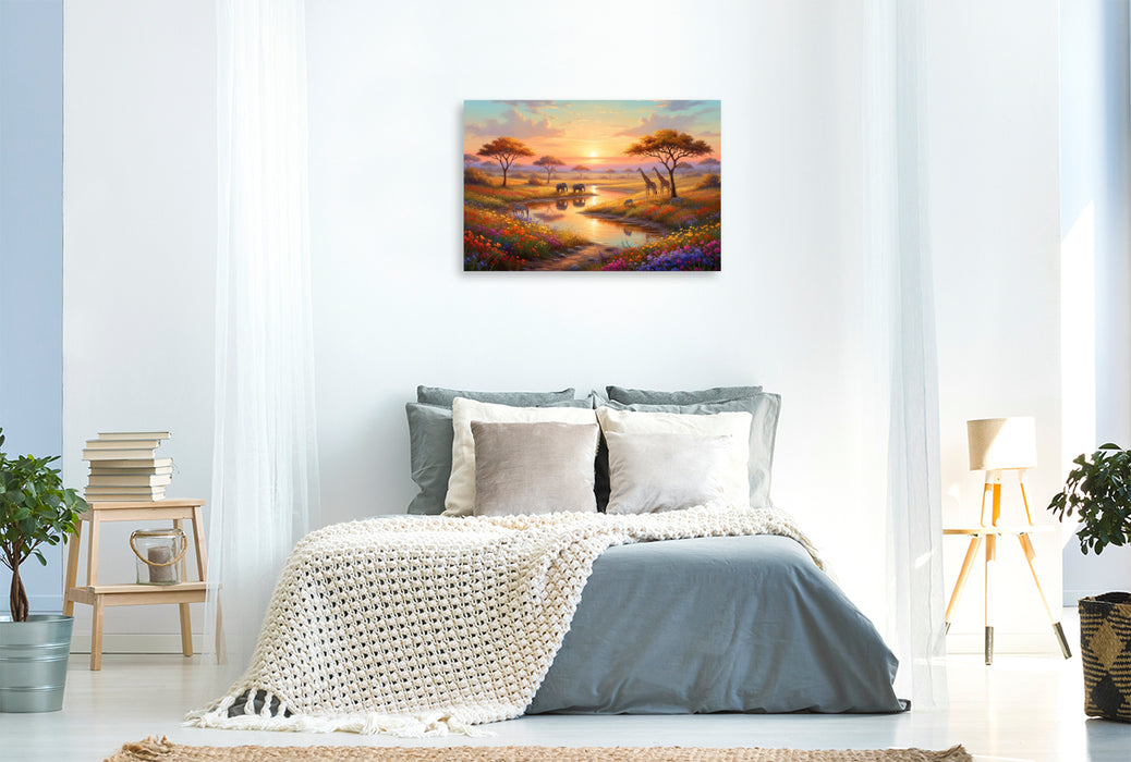 Premium Textil-Leinwand Afrikanischer Sonnenuntergang mit Elefanten und Giraffen