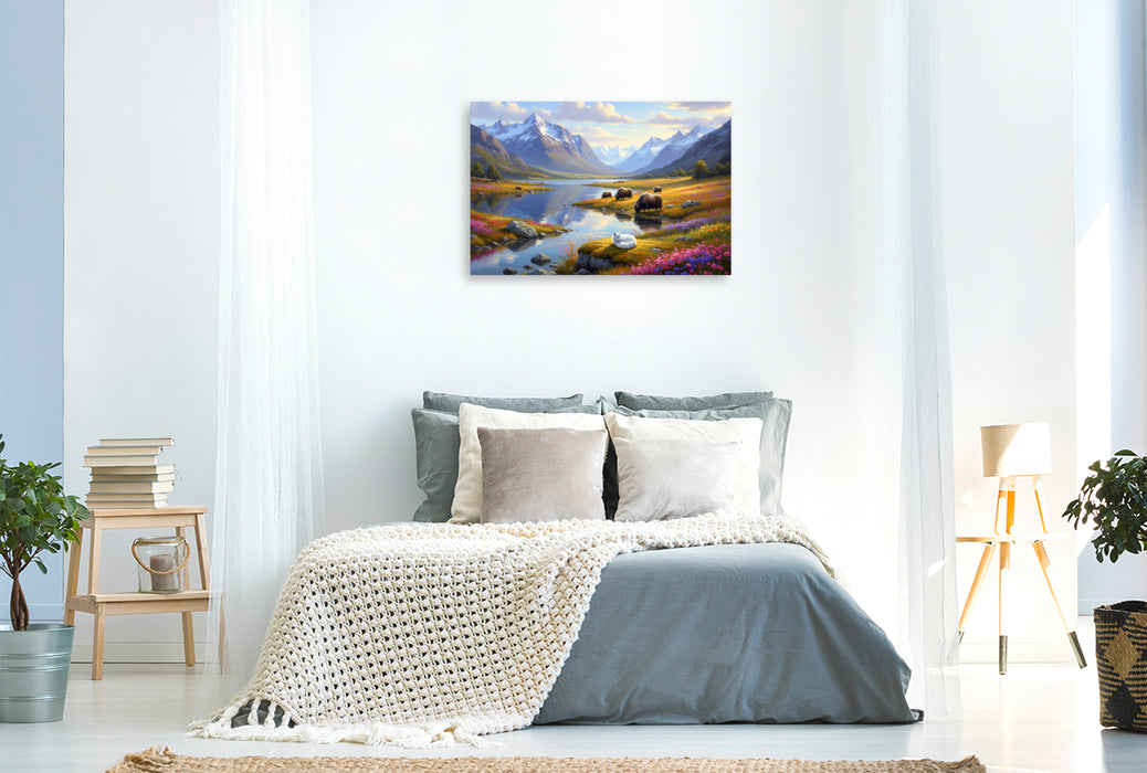 Premium Textil-Leinwand Himalaya Gebirge mit Yak und Fuchs