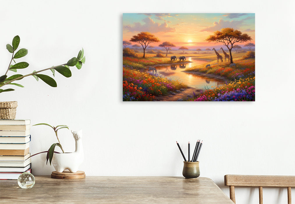 Premium Textil-Leinwand Afrikanischer Sonnenuntergang mit Elefanten und Giraffen
