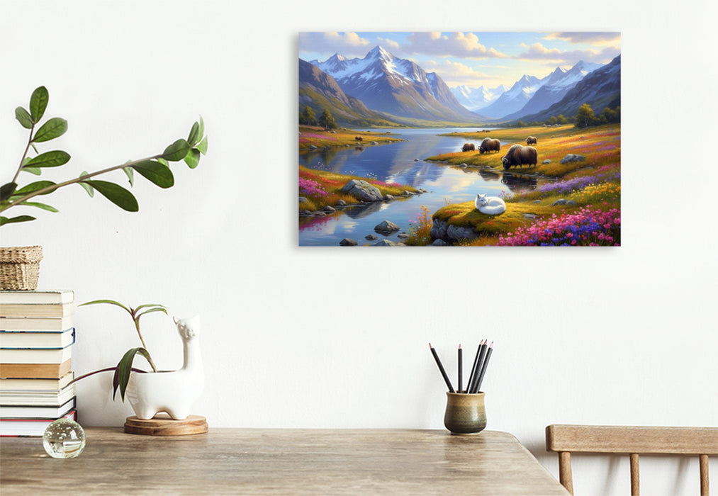 Premium Textil-Leinwand Himalaya Gebirge mit Yak und Fuchs
