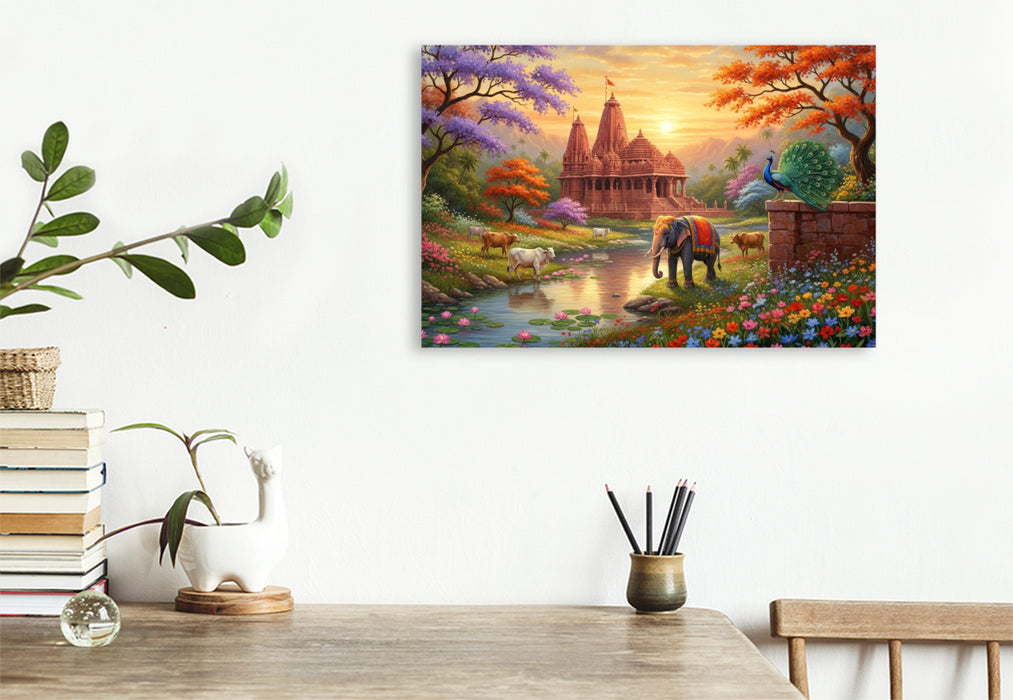 Premium Textil-Leinwand Indische Tempellandschaft mit Elefant und Kühen