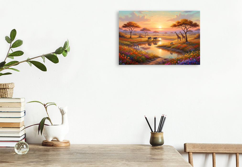Premium Textil-Leinwand Afrikanischer Sonnenuntergang mit Elefanten und Giraffen