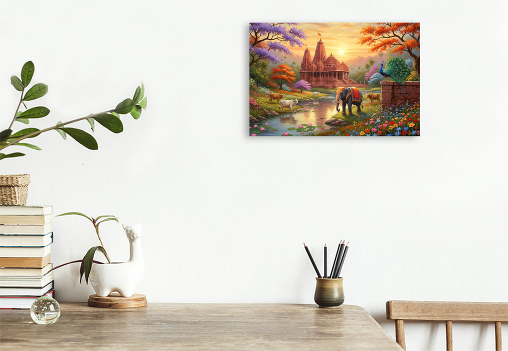 Premium Textil-Leinwand Indische Tempellandschaft mit Elefant und Kühen