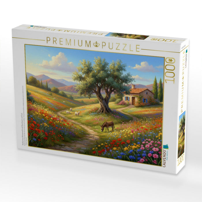 Mediterrane Blütenpracht mit Olivenbaum und Esel - CALVENDO Foto-Puzzle'