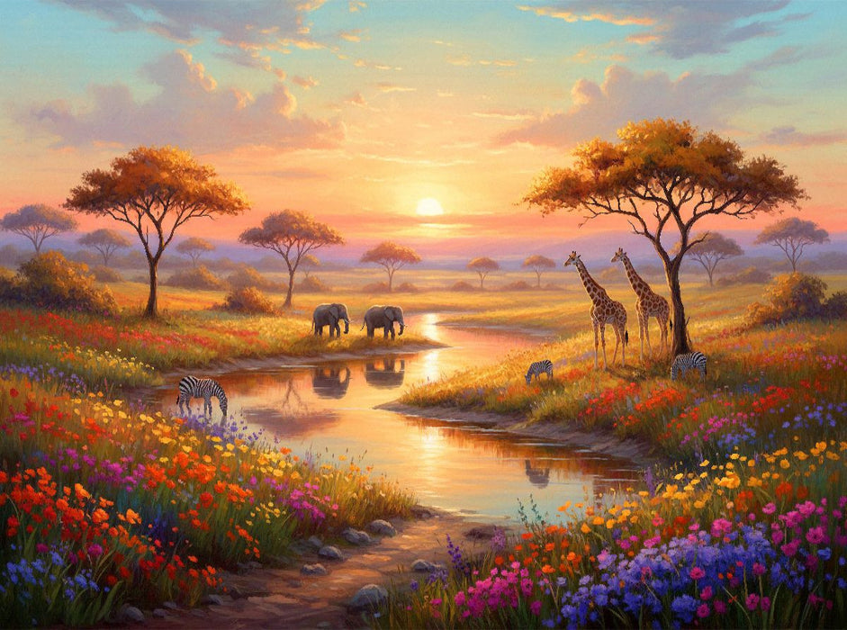 Afrikanischer Sonnenuntergang mit Elefanten und Giraffen - CALVENDO Foto-Puzzle'