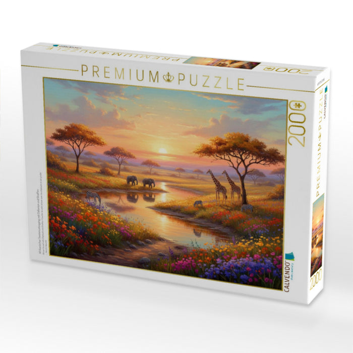 Afrikanischer Sonnenuntergang mit Elefanten und Giraffen - CALVENDO Foto-Puzzle'