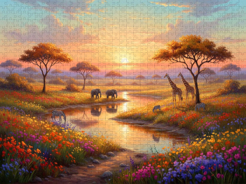 Afrikanischer Sonnenuntergang mit Elefanten und Giraffen - CALVENDO Foto-Puzzle'