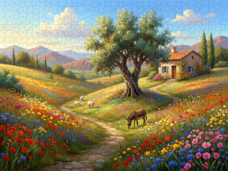 Mediterrane Blütenpracht mit Olivenbaum und Esel - CALVENDO Foto-Puzzle'
