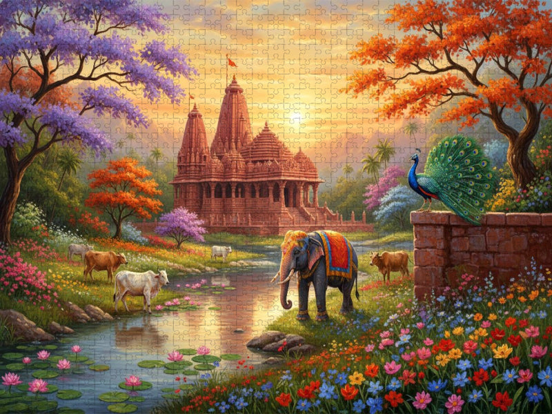 Indische Tempellandschaft mit Elefant und Kühen - CALVENDO Foto-Puzzle'