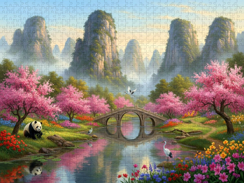 Chinesische Nebelberge mit Panda und Kranichen - CALVENDO Foto-Puzzle'