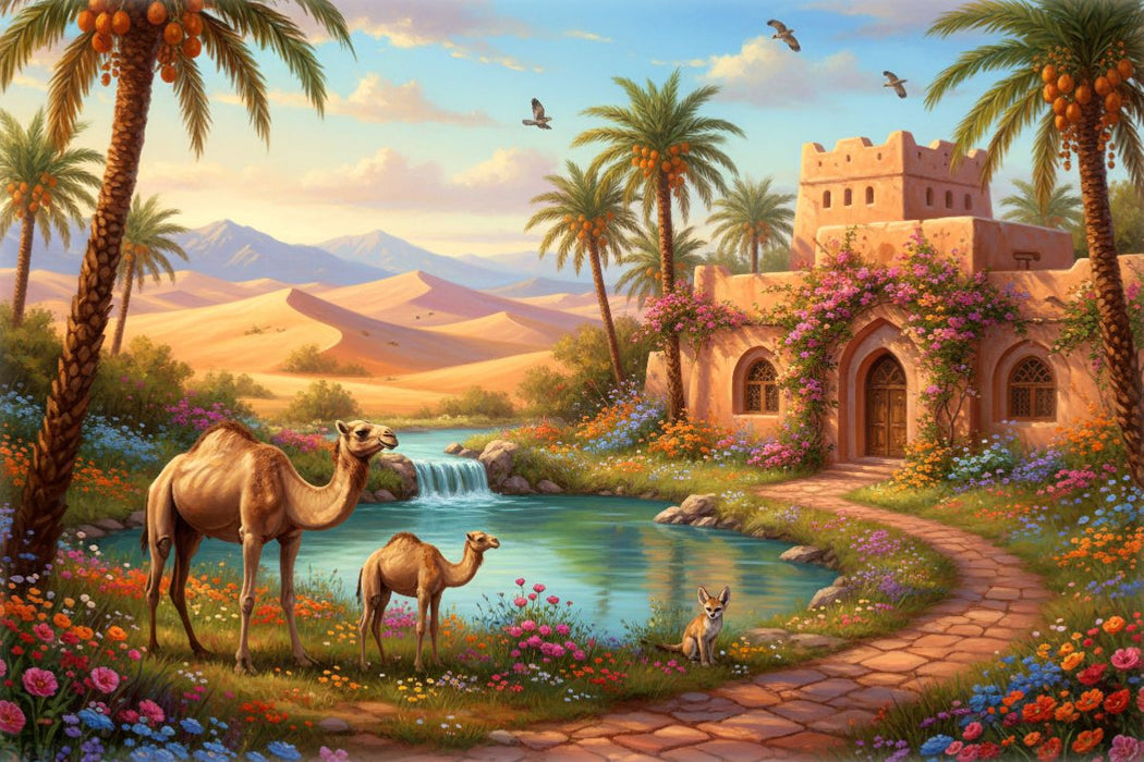 Premium Textil-Leinwand Arabische Landschaft mit Wüste und Dromedaren
