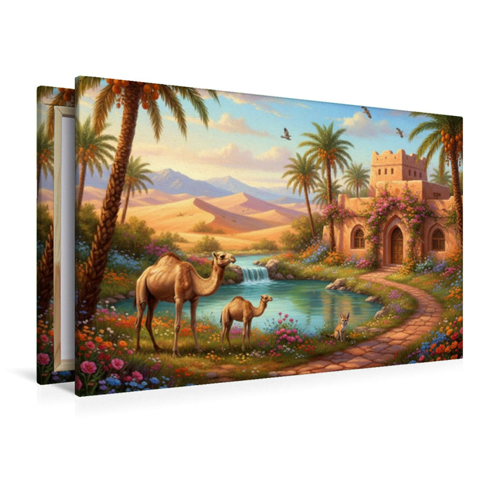 Premium Textil-Leinwand Arabische Landschaft mit Wüste und Dromedaren