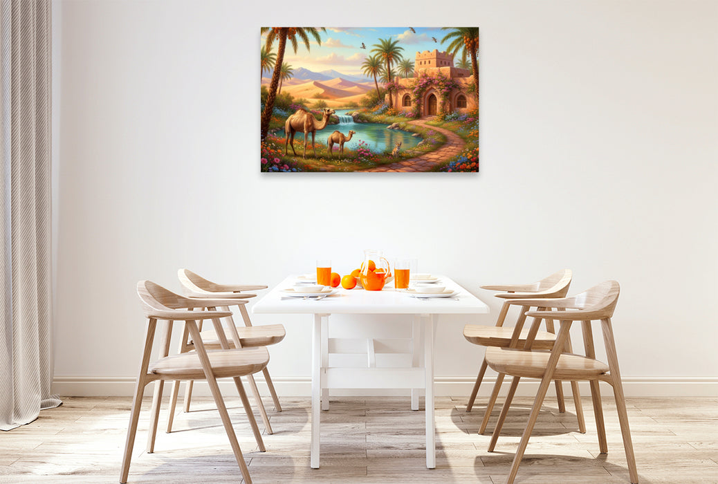 Premium Textil-Leinwand Arabische Landschaft mit Wüste und Dromedaren