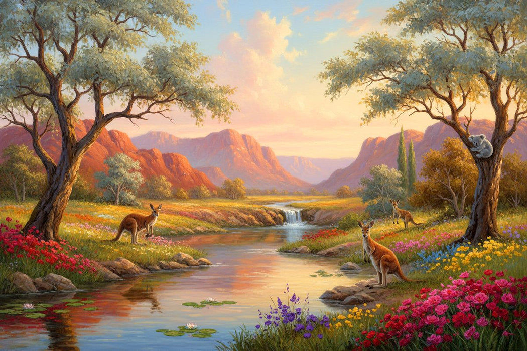 Premium Textil-Leinwand Australische Wasserstelle - Landschaft mit Känguru und Koala