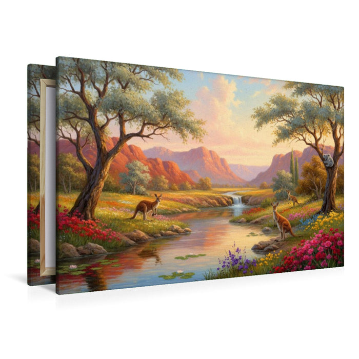 Premium Textil-Leinwand Australische Wasserstelle - Landschaft mit Känguru und Koala