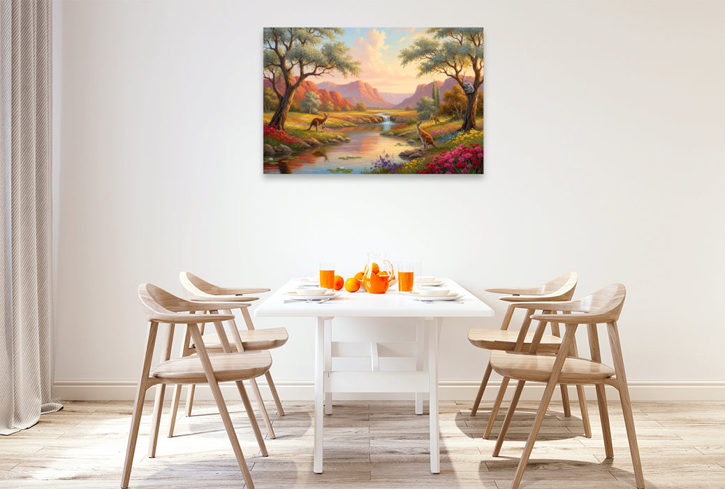 Premium Textil-Leinwand Australische Wasserstelle - Landschaft mit Känguru und Koala