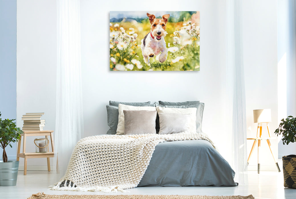 Premium Textil-Leinwand Drahthaar-Foxterrier charmanter Begleiter mit Witz