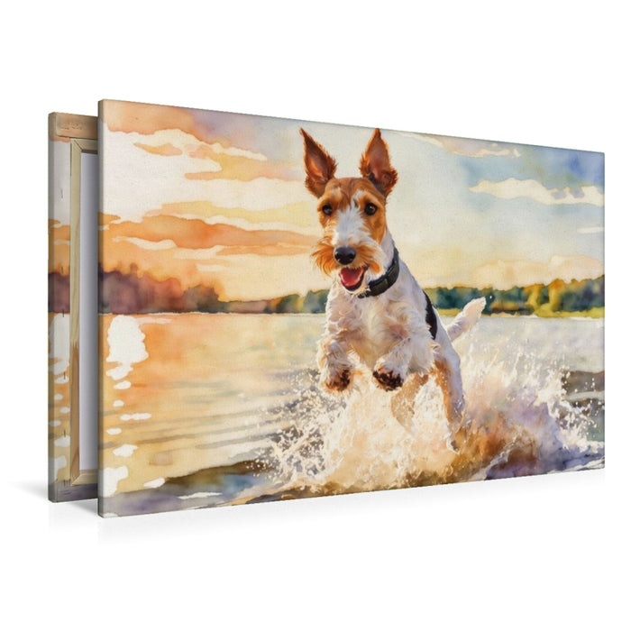 Premium Textil-Leinwand Drahthaar-Foxterrier - sommerliches Vergnügen