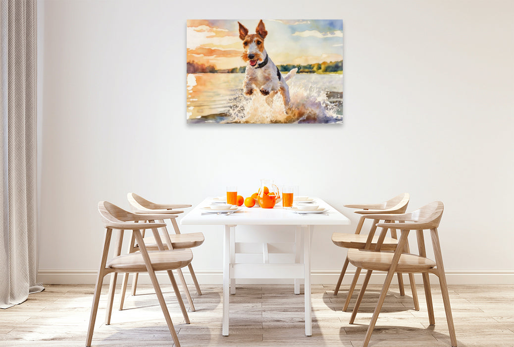 Premium Textil-Leinwand Drahthaar-Foxterrier - sommerliches Vergnügen