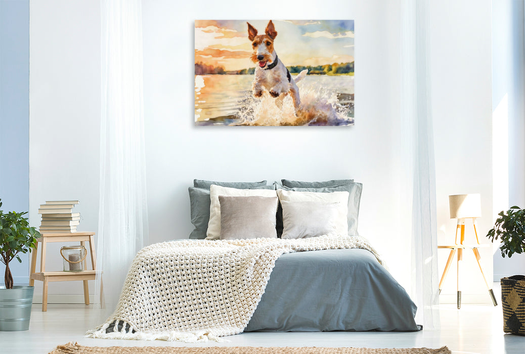 Premium Textil-Leinwand Drahthaar-Foxterrier - sommerliches Vergnügen