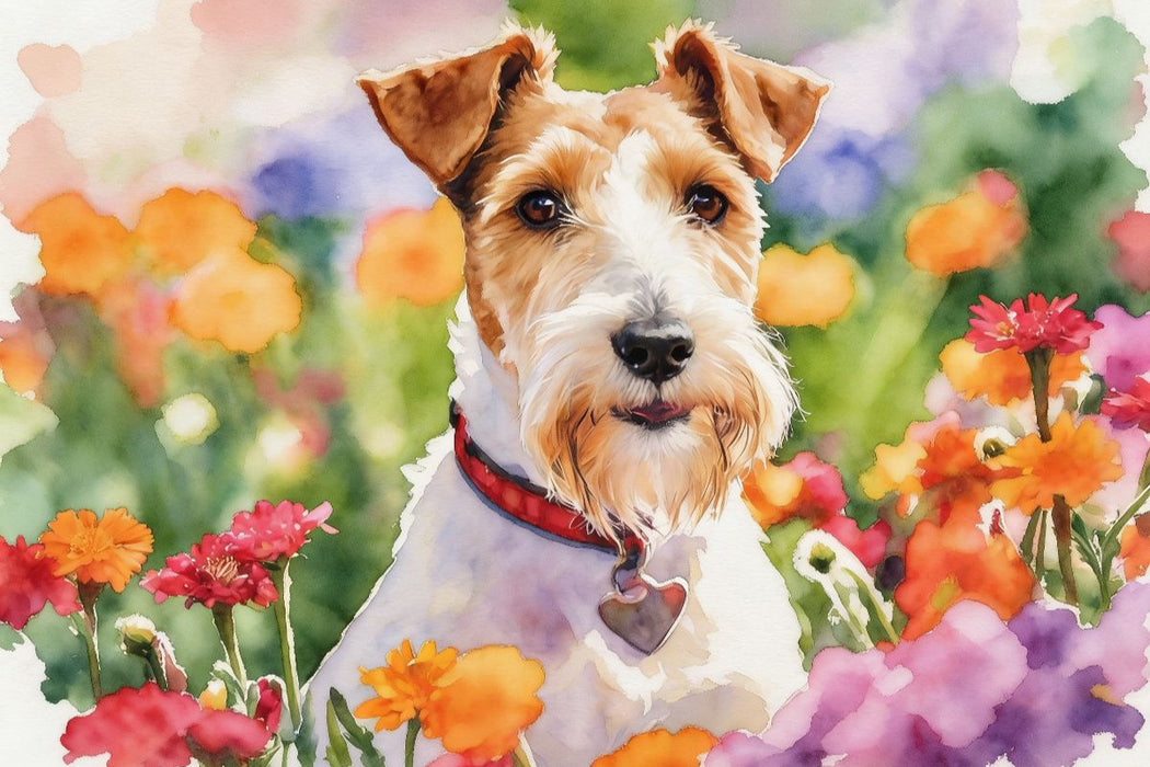 Premium Textil-Leinwand Foxterrier Im Blütenmeer