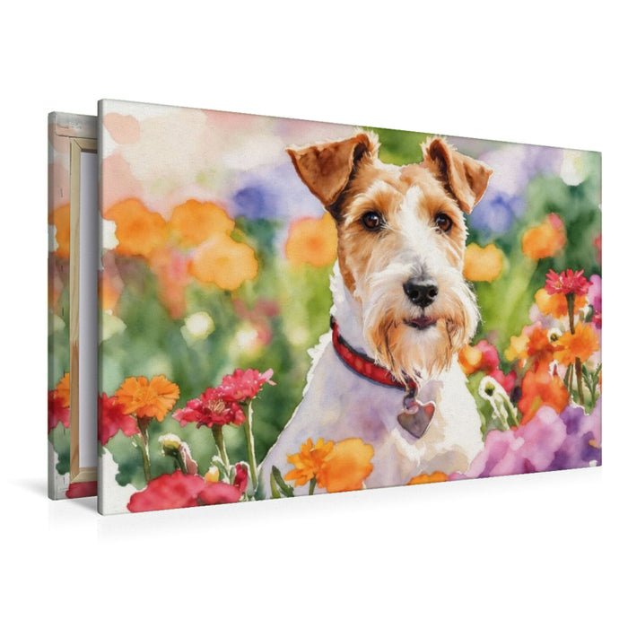 Premium Textil-Leinwand Foxterrier Im Blütenmeer