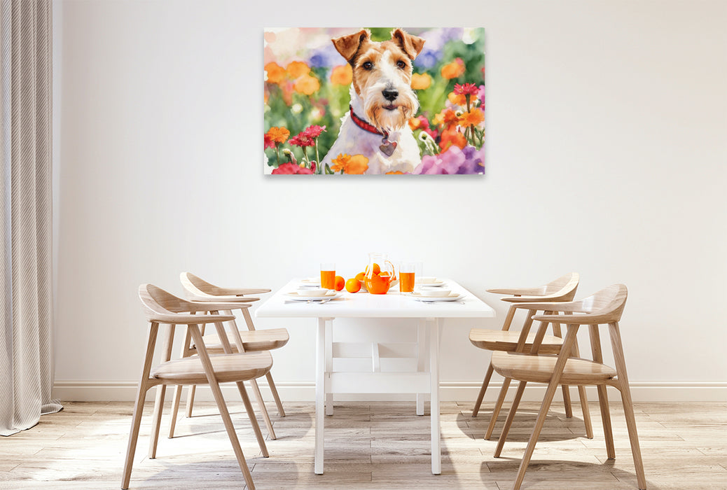 Premium Textil-Leinwand Foxterrier Im Blütenmeer